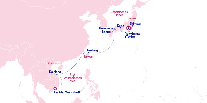 Karte des Streckennetzes von Tokyo nach Ho-Chi-Minh-Stadt