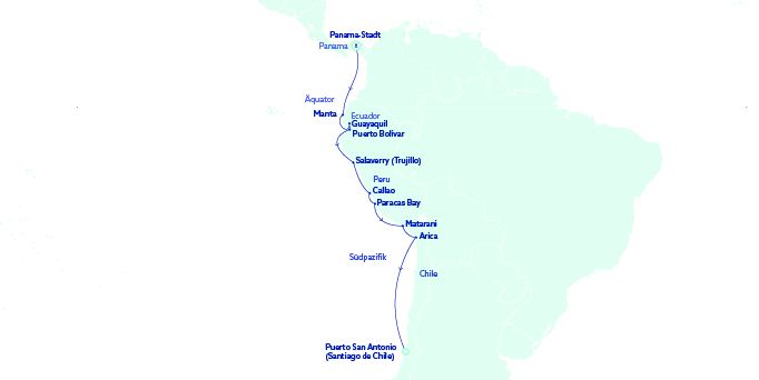 Karte des Streckennetzes von Panama City nach San Antonio