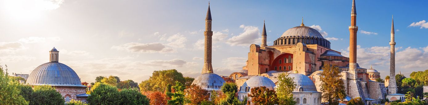 Sicht auf eine imposante, schöne Moschee, mit mehreren Kuppeln, welche aus einem bunt gefärbten Blätterdach emporragt.