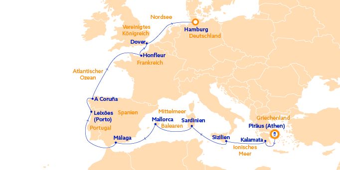 Karte des Streckennetzes von Athen nach Hamburg