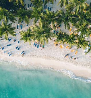 Urlaub in der Dom Rep: Eine Luftaufnahme des türkis-blauen Meeres am weißen Strand mit Sonnenliegen und Palmen.