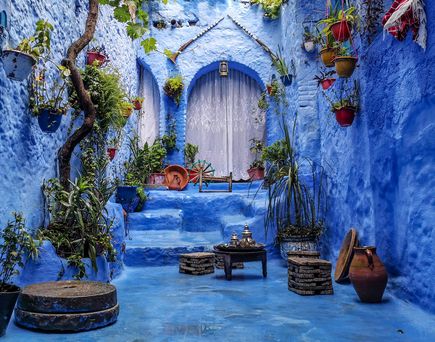 Eine komplett blau gefärbte Gasse, kleine Treppe und runde Fensterbögen. An den Wänden hängen viele Pflanzen in bunten Blumentöpfen.