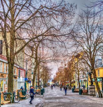 Winterlichte Straße im norwegischen Stil mit bunten Häusern, leichten Schneeresten und kahlen Bäumen