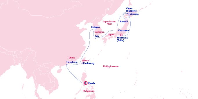 Karte des Streckennetzes von Manila nach Tokyo