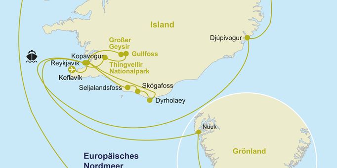 Eine Routemap der beworbenen Kreuzfahrt.