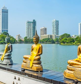 Am Ufer eines Flusses stehen mehrere goldene Buddah Statuen. Im Hintergrund Wolkenkratzer vor begrünten Flächen.