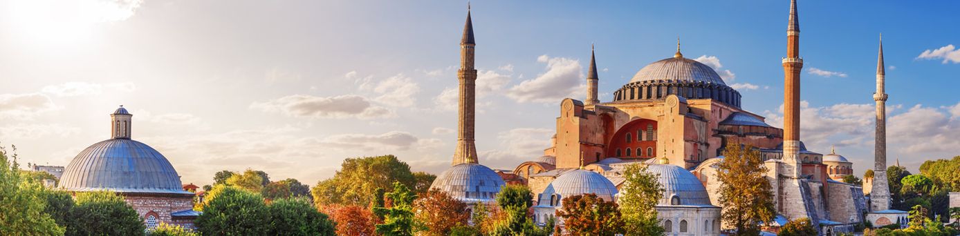 Sicht auf eine imposante, schöne Moschee, mit mehreren Kuppeln, welche aus einem bunt gefärbten Blätterdach emporragt.