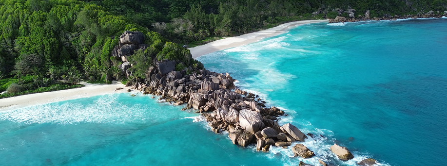 Eine Luftaufnahme eines paradiesischen, weißen Strands, welcher direkt ans türkise Wasser reicht. Dahinter beginnt direkt eine grüne Waldlandschaft. Dicke, grau, glatte Felssteine reichen ins Wasser.