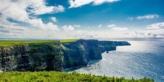Eine grüne Landschaft mit gelben Blumen und steilen Klippen am Meer.