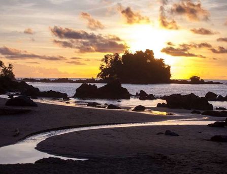 Blick von einem Felsenplateau auf einen tiefblauen Fjord, umgeben von bewaldeten Bergen unter blauem Himmel mit Wolken.