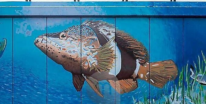 Streetart am Hafen von Los Cristianos: Ein riesiger Fisch im Meer ist an eine Häuserwand gemalt