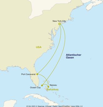  Eine Routemap der beworbenen Kreuzfahrt.