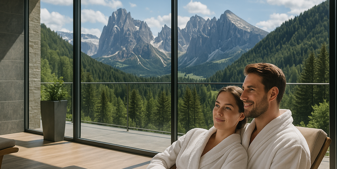 Ein Paar in weißen Bademänteln liegt gemeinsam auf einer Liege. Im Hintergrund ein Panoramafenster mit Blick in die Berge.