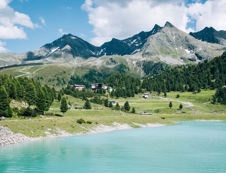 Eine imposante Berglandschaft erstreckt sich vor einer grünen Fläche mit vielen saftigen Bäumen und einem türkisen, kristallklaren Bergsee.