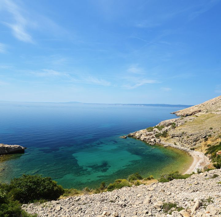 Ein weißer Sandstrand ist geprägt von tropischer Vegetation.