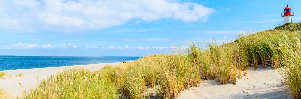 Dünenlandschaft mit dem Meer im Hintergrund. Rechts im Bild eine weiß-roter Leuchtturm.
