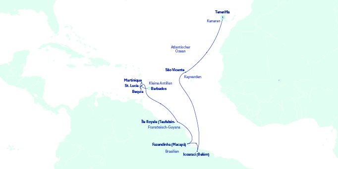 Karte des Streckennetzes von Teneriffa nach Bridgetown