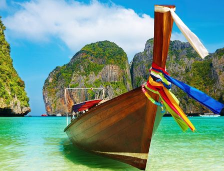 Reiseziele weltweit: Ein thailändisches Longtailboot zwischen Kalksteinfelsen