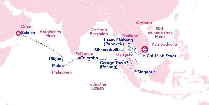 Karte des Streckennetzes von Ho-Chi-Minh-Stadt nach Salala
