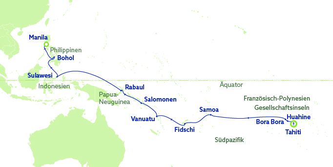 Karte des Streckennetzes von Papeete nach Manila