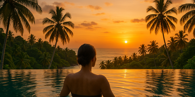 Die untergehende Sonne taucht die Szene in ein gold-orangenes Licht: Eine Frau befindet sich in einem glatten Infinity Pool umgeben von tropischen Palmen.