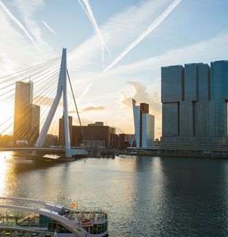 Die moderne Skyline von Rotterdam angrenzend ans Wasser und einer modernen Brücke.