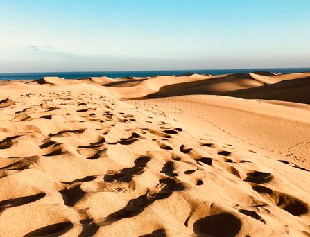 Eine Wüstenlandschaft und am Horizont ein schmaler blauer Streifen: das Meer.