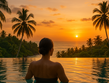 Die untergehende Sonne taucht die Szene in ein gold-orangenes Licht: Eine Frau befindet sich in einem glatten Infinity Pool umgeben von tropischen Palmen.