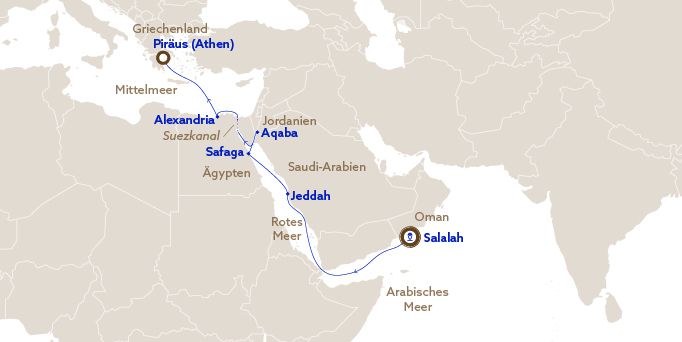 Karte des Streckennetzes von Salala nach Athen