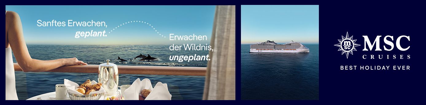 Kreuzfahrtschiff der Marke MSC Cruises auf ruhiger See unter blauem Himmel.