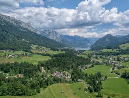 Weitblick auf ein grünes Tal mit Nadelbäumen zwischen hohen, grauen Bergen