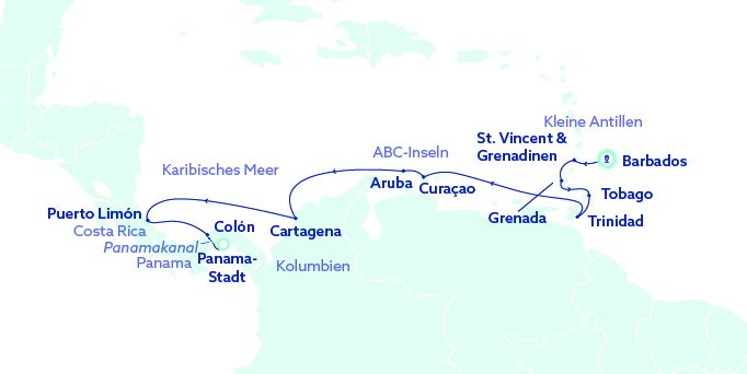Karte des Streckennetzes von Bridgetown nach Panama City